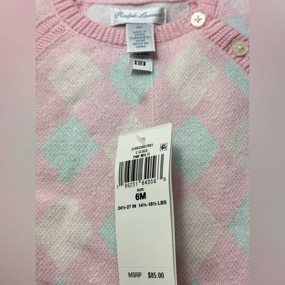 Ralph Lauren Pink and Mint Argyle Knit One-Piece 100%cotton